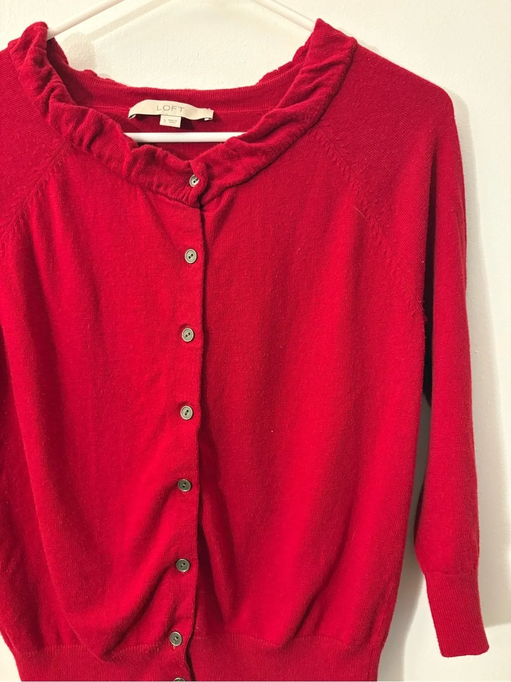 LOFT Red Ruffle-Trim Button Front Cardigan - Picture 2 of 4